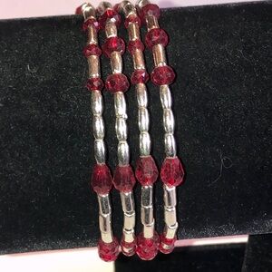 Silver Tone and Red Beaded Boho Wrap Bracelet